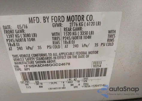 2016 Ford Explorer Xlt from USA, damaged, VIN 1FM5K8DH8GGD24678